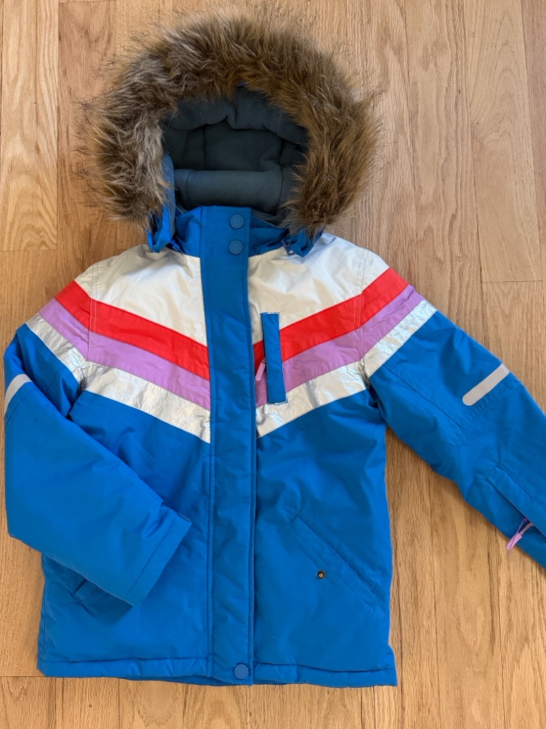 Mini Boden Blue/White/Silver Ski Jacket Removable Fur Lined Hood Girls Sz 9/10